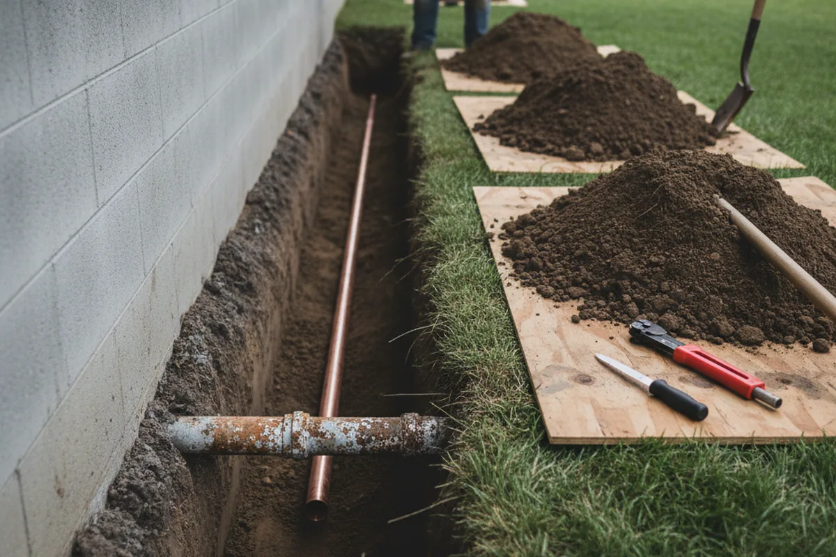 Excavated water line trench during Water Heater Repair in Cummaquid